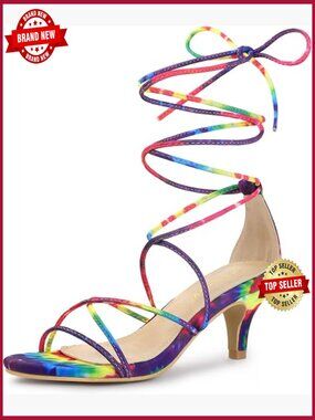 Kitten Heel Tie Dye Lace Up Sandals Strappy Heels Party Wedding